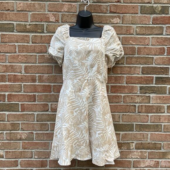 Coastal Beachy Botanical Print LOFT sz 2 Cutout Dress Vacation Resort Palm Midi - Picture 3 of 12